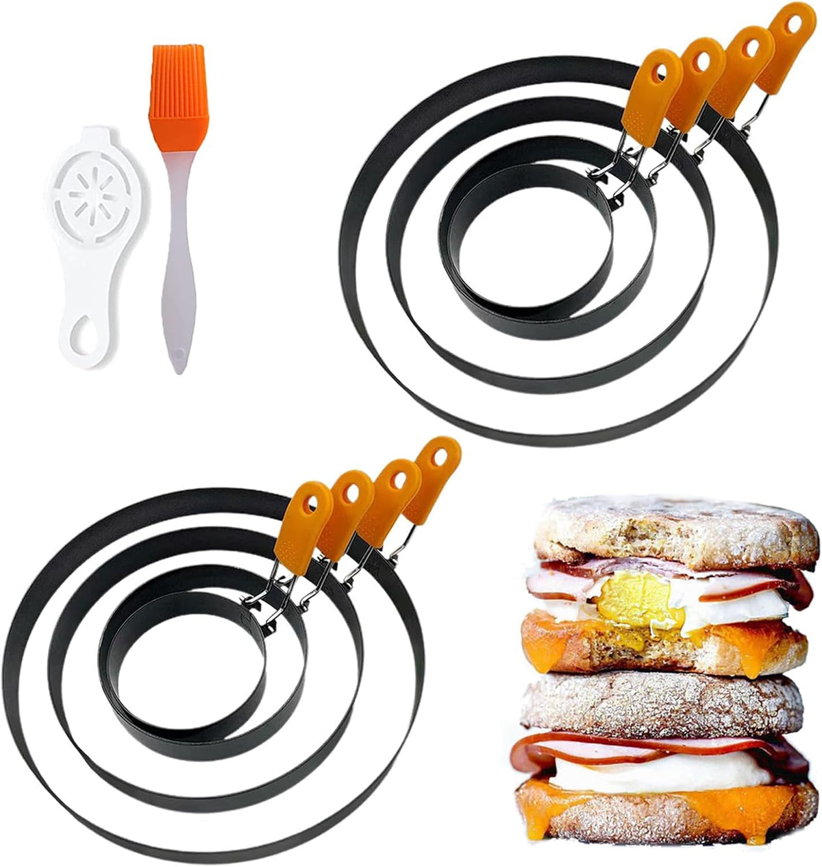 Stainless Steel Egg Rings - 8 Pack, 8" Omelet, 6" Pancake, 4" & 3.5" Egg Muffin Rings with Oil Brush & Separator