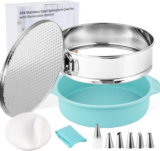 10-inch Stainless Steel Springform Pan with Silicone Protector, Removable Bottom, Parchment Paper, Decorating Kit Piping Bags and Tips- Great for Birthday Parties