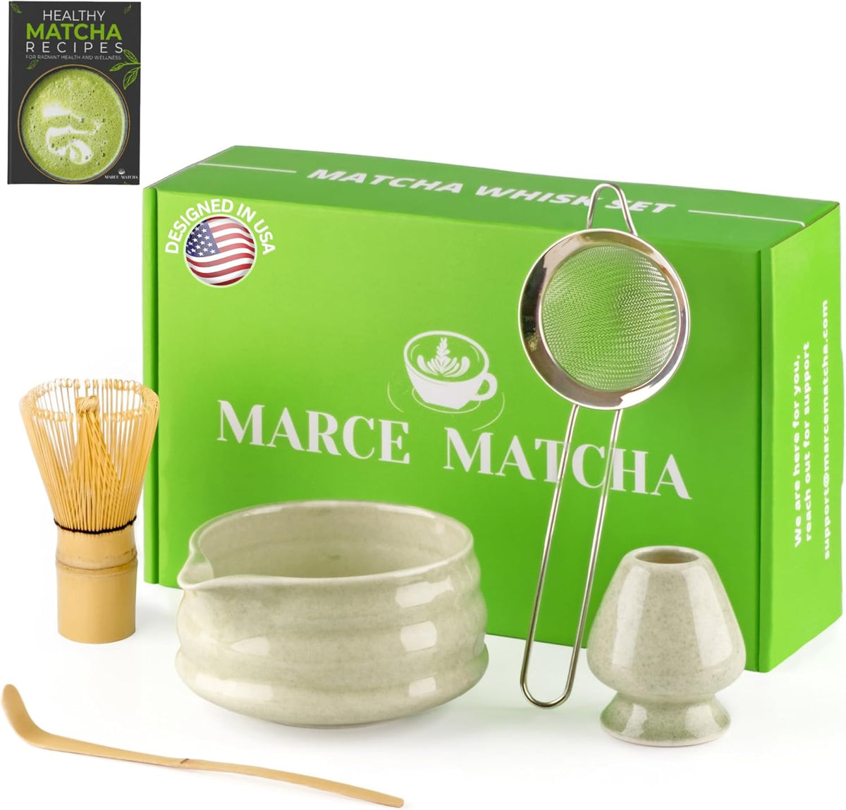Marce Matcha Whisk Set- Matcha Set includes Matcha Whisk and Bowl (Bowl with Spout), Sifter, Holder and Scoop- The Perfect Bamboo Whisk for Matcha Tea (Molted Green)