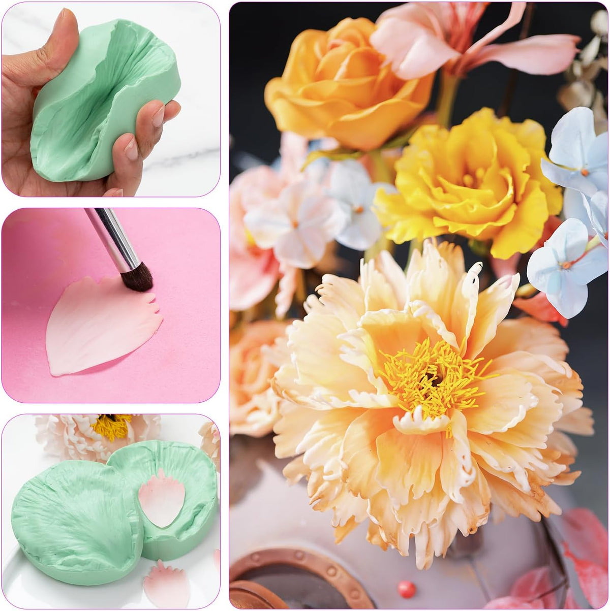 KALAIEN Flower Silicone Mold, 10 Pcs Gumpaste Cutters, 2 Pcs Peony Petal Fondant Veining Molds for Sugarcraft Flower Decorating Mold