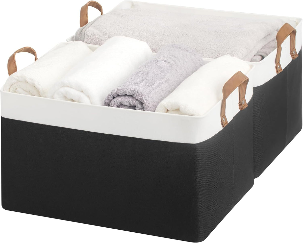 StorageWorks Storage Bins, Fabric Storage Bins for Shelves, Extra Large Storage Baskets with Metal Frame, Closet Baskets and Bins with Handles, Jumbo, Black and White, 2-Pack