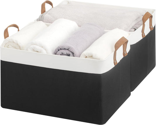 StorageWorks Storage Bins, Fabric Storage Bins for Shelves, Extra Large Storage Baskets with Metal Frame, Closet Baskets and Bins with Handles, Jumbo, Black and White, 2-Pack