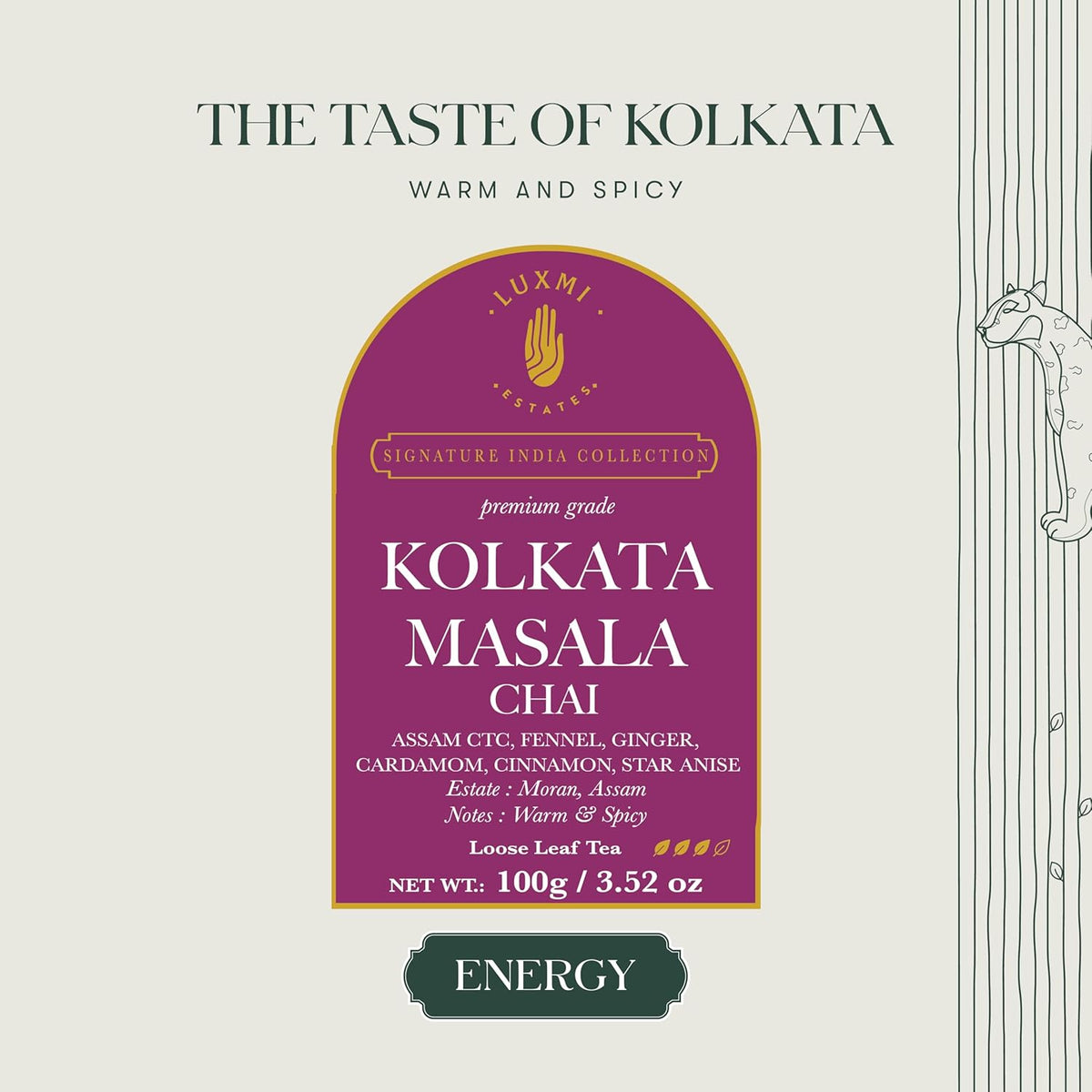 Luxmi Estates Kolkata Masala Chai | 100 gm | Signature India Collection | Assam CTC Tea | Black tea collection | Organic Strong tea | Antioxidants | Assam Valley tea | Fennel, Ginger Tea, Cardamom, Cinnamon, Star Anise