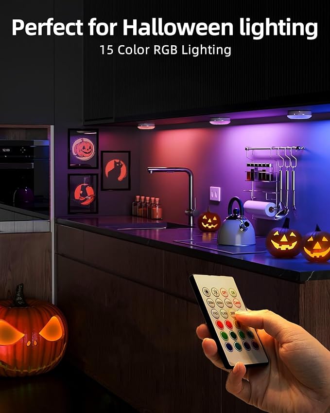 EZVALO Under Cabinet Lighting,1000mAh Rechargeable Puck Lights with Remote,3 Color Temps & 12 RGB Motion Sensor Closet Lights Indoor,Dimmable Under Cabinet Lights for Kitchen,Cabinets,Closet (3 Packs)