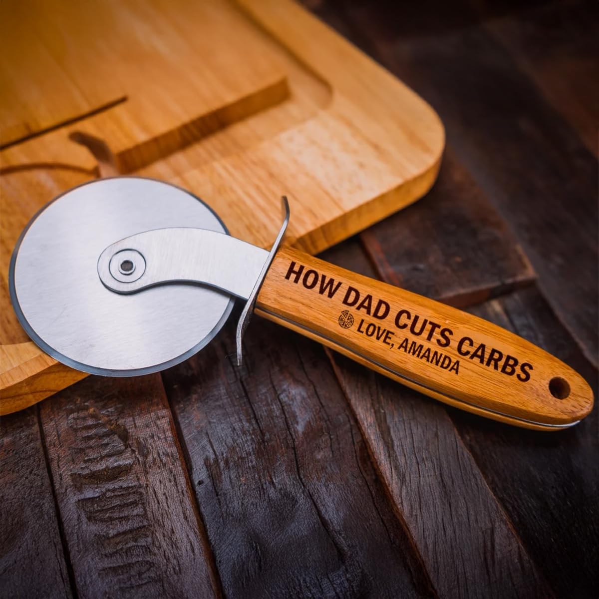 Pizza Cutter Wheel with Sharp Blade - Gifts for Men, Women, Gift for Husband, Birthday & Christmas Gift - Wooden Pizza Wheel Cutter (How Dad Cuts Carbs)
