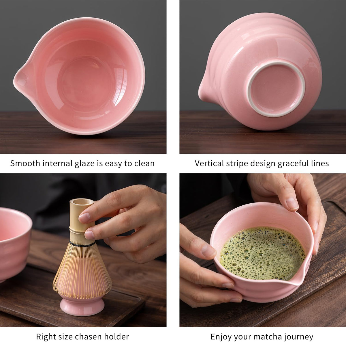 Matcha Set, Matcha Whisk Set Includes Matcha Bowl with Spout, Bamboo Whisk, Matcha Whisk Holder, Sifter, Scoop, Spoon Holder, Tea Towel- 7pcs Perfect Matcha Kit for Matcha Tea Ceremony (Pink)