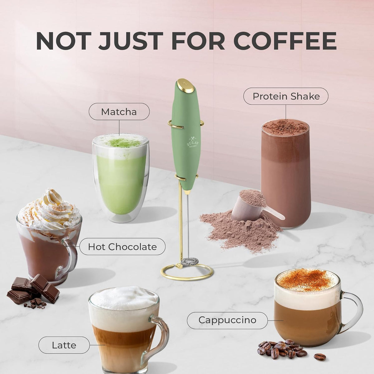 Zulay Kitchen Powerful Milk Frother Wand With 4 AA Duracell Batteries - Ultra Fast Handheld Drink Mixer - Electric Whisk Foam Maker for Coffee, Lattes, Cappuccino, Matcha & Creamer -