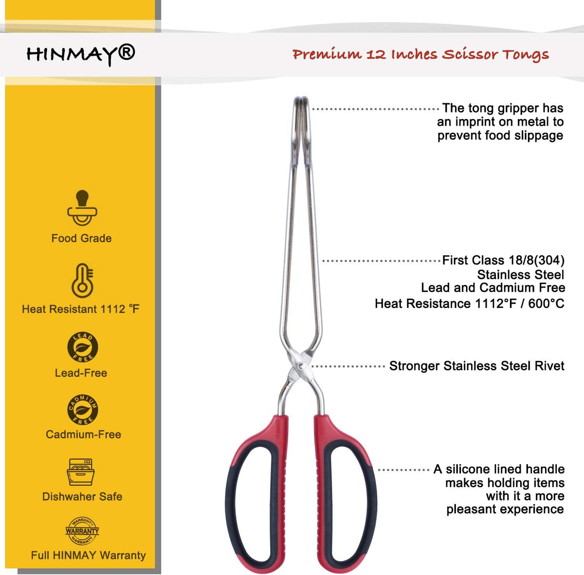 Stainless Steel Scissor Tongs with Comfort-Grip Handle 12-Inch