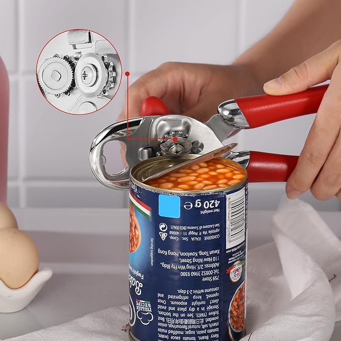 Multi-function Manual Can Opener Bottle Opener, Oversized Hand-held Easy Rotary Knob, Safe Cut Can Opener with Non-Slip Handle, Smoother Cut Sharp Blade for Seniors Kitchen Tool, Red