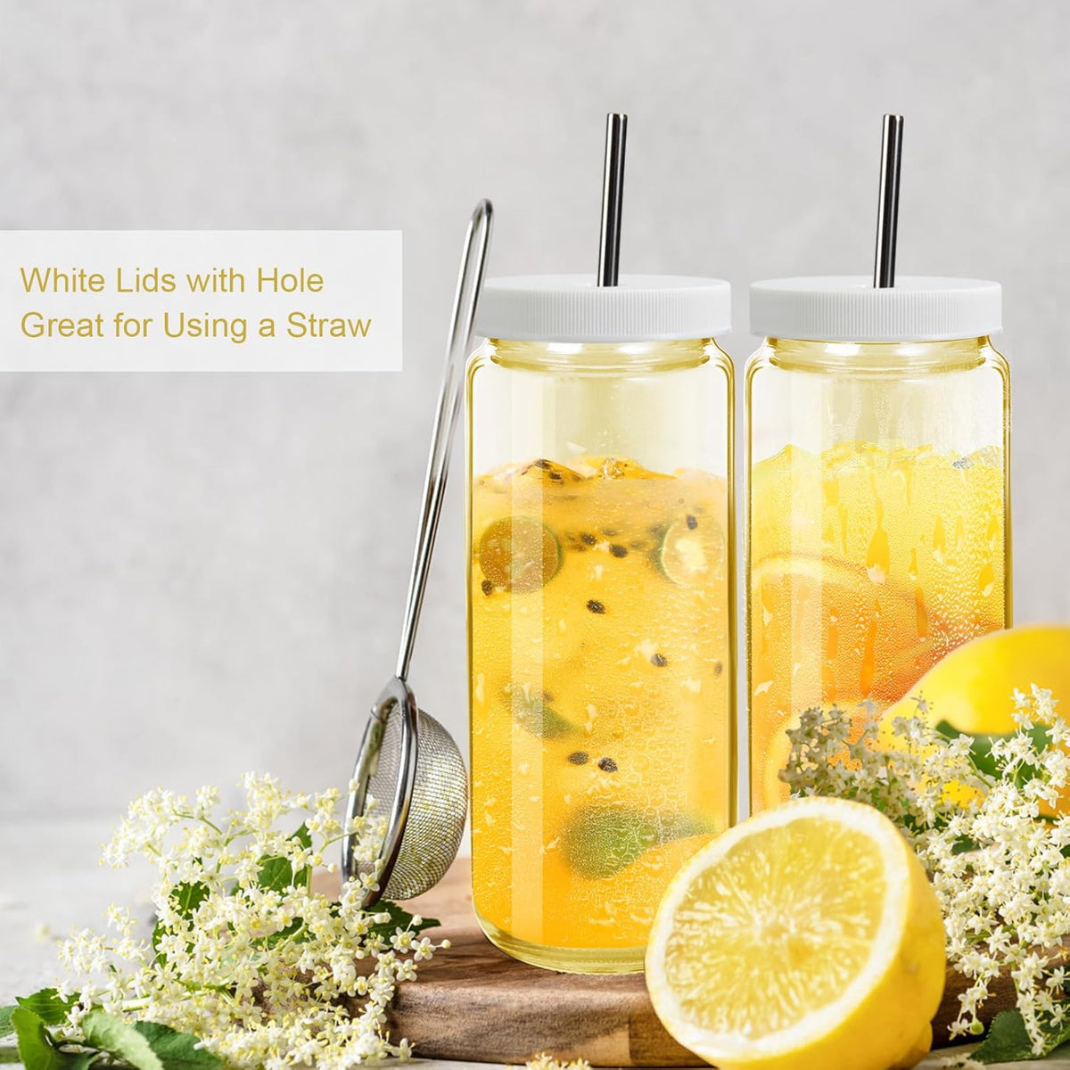 Ruckae Gold 16oz 10 Pack Juice Bottles, Glass Bottles Juicing with Lids, Smoothie Cup Lids and Straws, Water Bottle Mason Jar Drinking Glasses for Juicing, Smoothies, Kombucha