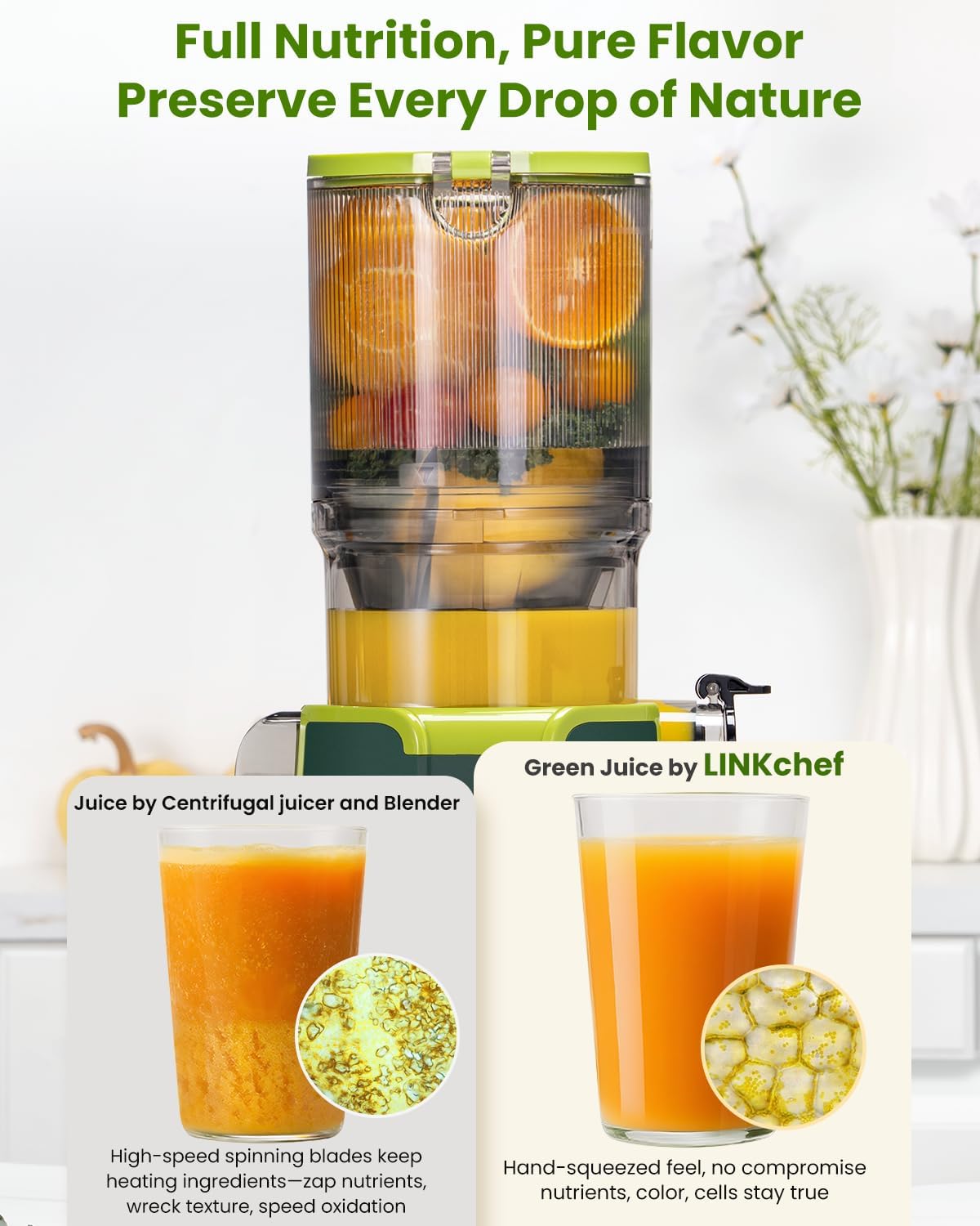 LINKChef Cold Press Juicer Machines for Vegetables and Fruits, 4.35" Wide Chute Masticating Juicer with Pulp Separator, Easy to Clean, BPA-Free, Compact Electric Slow Juice Extractor for Whole Fruit