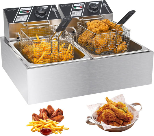 Commercial Deep Fryer with Baskets, 3400W 12.7QT/12L Thickened Stainless Steel Countertop Electric Oil Fryer, Large Capacity with Temperature Control, silver