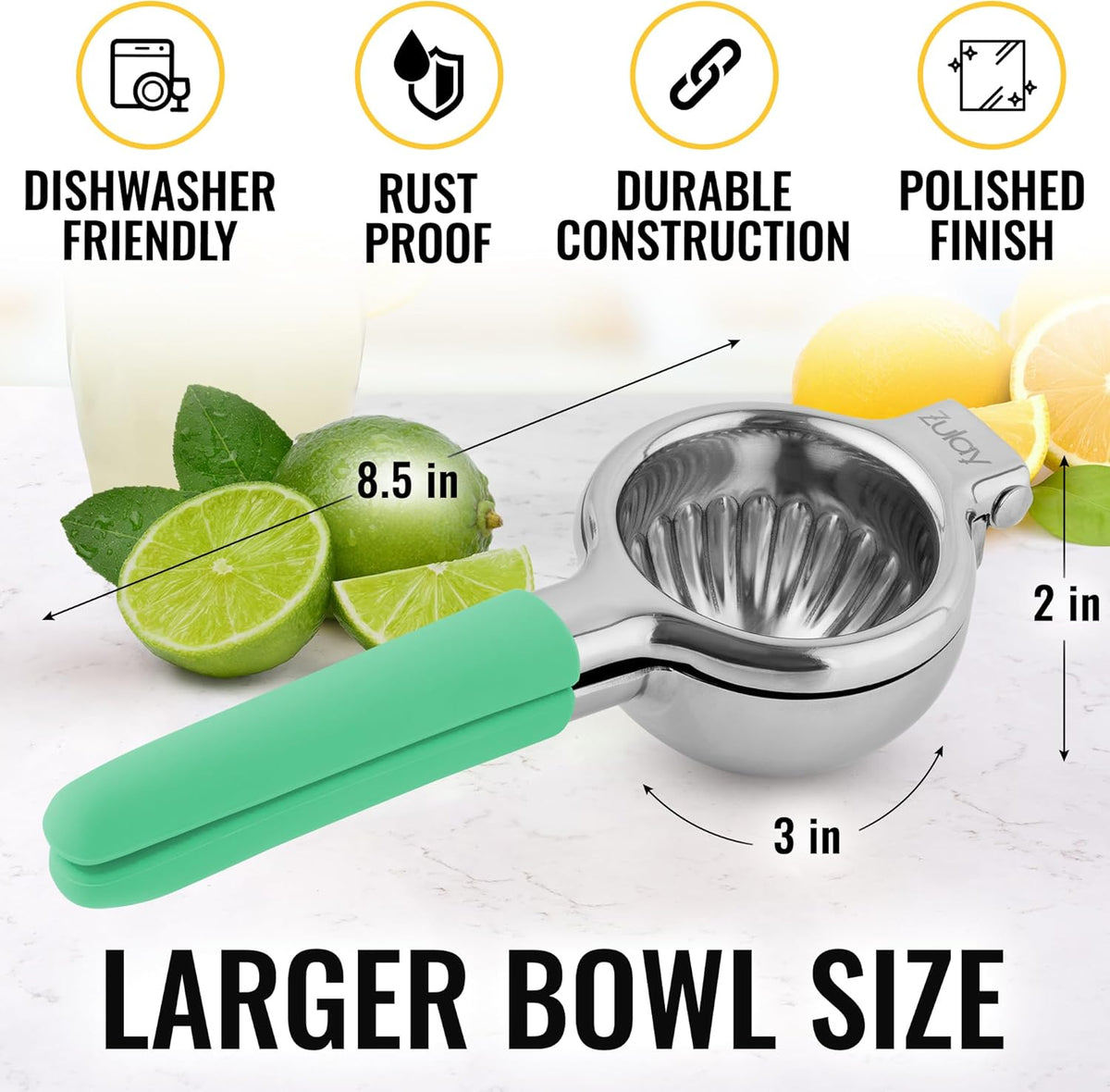 Zulay Lemon Squeezer Stainless Steel with Premium Heavy Duty Solid Metal Squeezer Bowl and Food Grade Silicone Handles - Large Manual Citrus Press Juicer and Lime Squeezer Stainless Steel (Mint)
