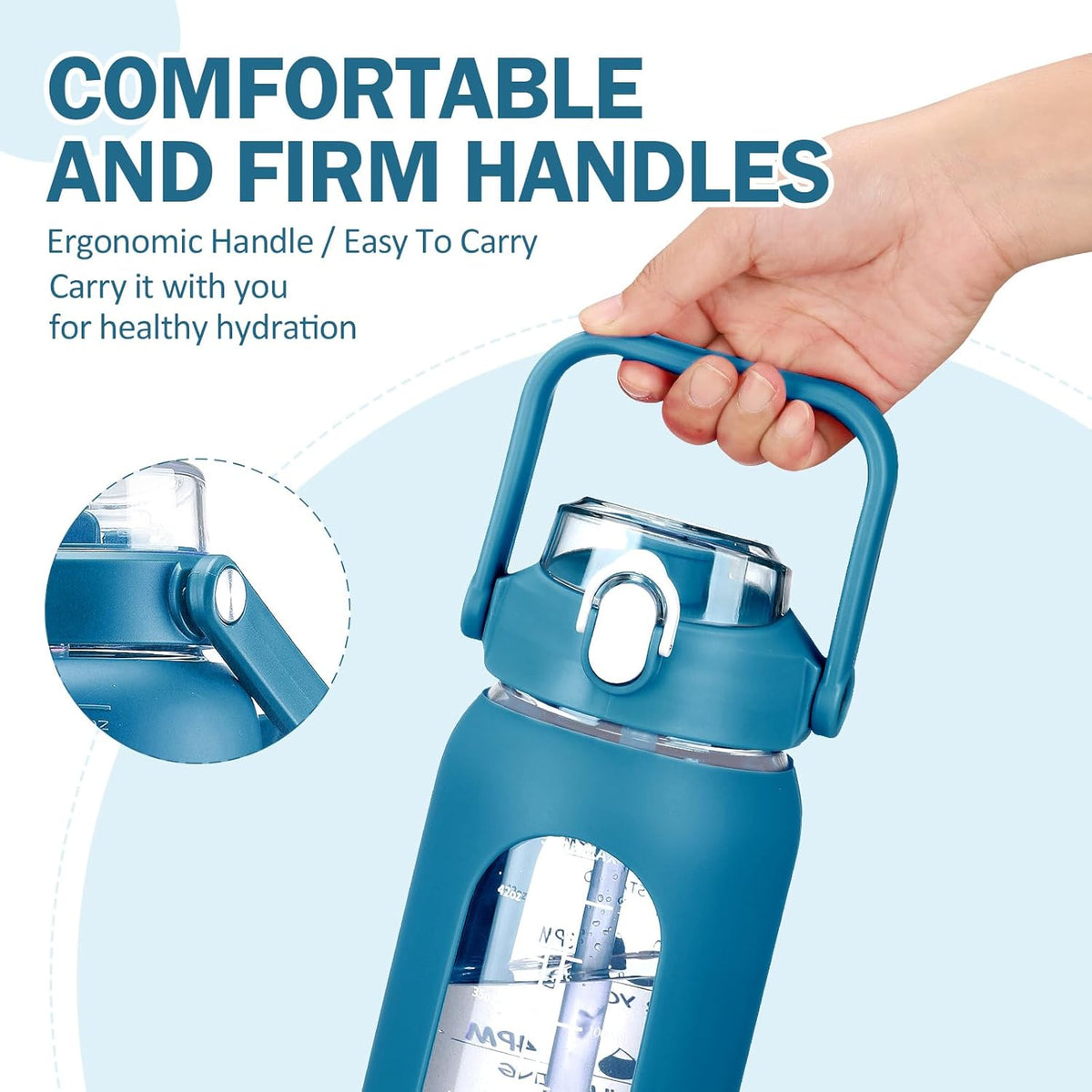 kytffu 56oz Glass Water Bottles with Straw, Motivational Glass Bottle with Silicone Sleeve and Time Marker, Leakproof Large Glass Water Jug for Gym Home Office,Iron Blue