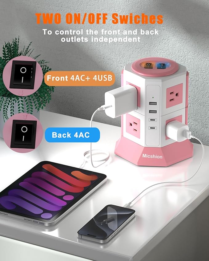 NVEESHOX Surge Protector Power Strip Tower, 10 Feet Ultra Flat Extension Cord with 12 AC Outlets 5 USB Ports(2 Type C), Desktop Charging Station, Flat Plug Outlet Extender for Home Office Dorm