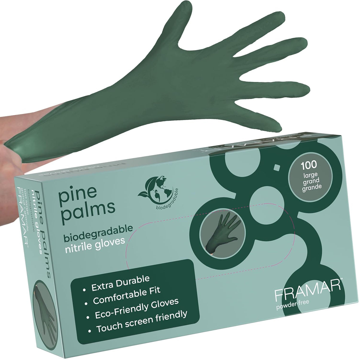 FRAMAR Biodegradable Green Gloves Latex Free Large – Disposable Nitrile Gloves Large, Cleaning Rubber Glove Disposable, Non Latex Hair Dye Glove 100 Pk