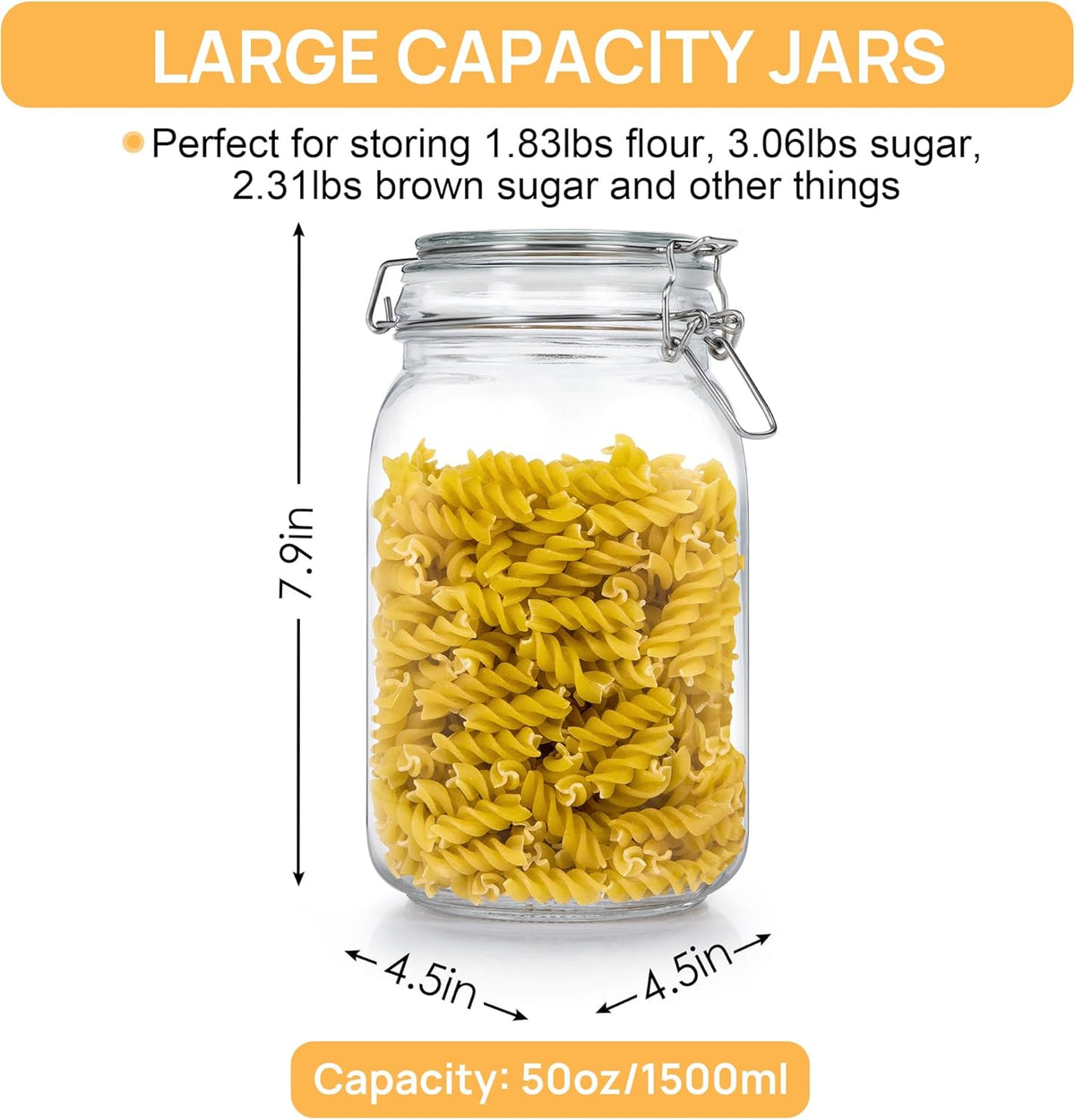 CHEFSTORY 50oz Airtight Glass Jars with Lids, 3 PCS Food Storage Canister for Kitchen & Pantry Organization, Square Mason Jar Containers for Storing Sugar, Flour, Cereal,Coffee,Cookies