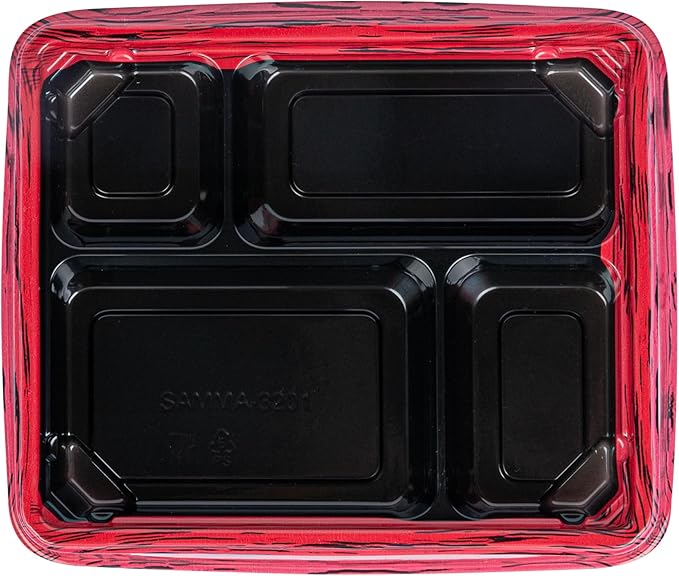 Restaurantware Bento Tek 15.2 Ounce Meal Prep Containers, 50 Disposable To Go Food Boxes - Lids Sold Separately, 4 Compartments, Red And Black Plastic Bento Lunch Boxes, Freezable, For Take Out