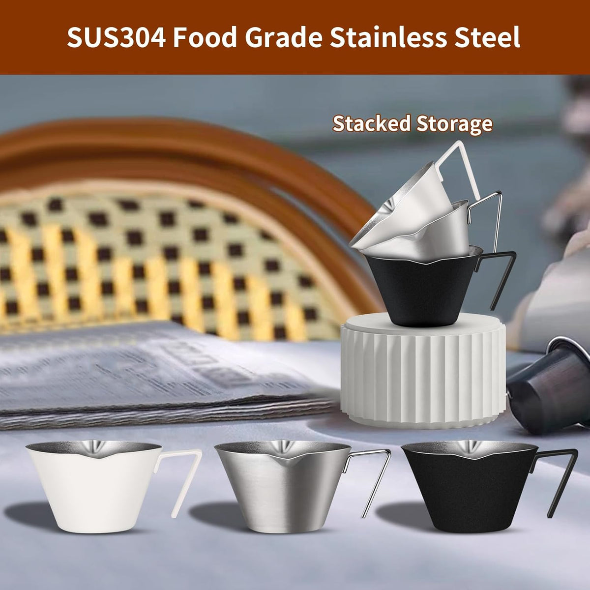 1Pc Stainless Steel Espresso Cups, Double Spout Metal Measuring Cup with Dual Scale, Espresso Shots Cup with Handle, 3.4oz/100ml
