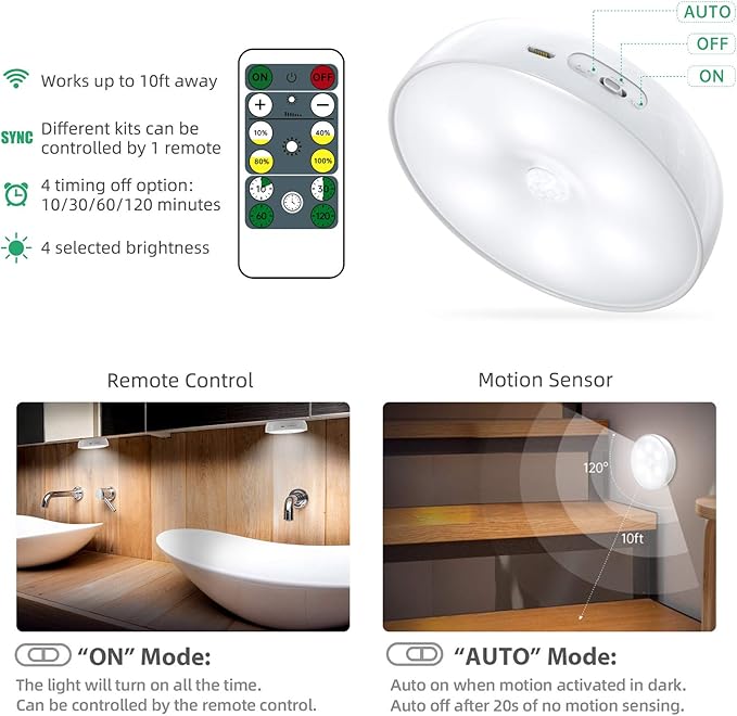 LED Closet Lights Wireless Motion Sensor Puck Light with Remote Control, Rechargeable Step Puck Lights,Dimmable Under Cabinet Indoor Lighting Magnet Stick-on Light for Counter Kitchen Wardrobe(6 Pack)