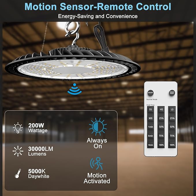 Lightdot Smart 200W(209x1W) LED High Bay Lights 30,000LM UFO Lights with Control (Supports Normal Mode & Motion Mode) ETL-Listed AC100-277V Plug for 25-35FT Height Warehouse-6Yrs Warranty-8Pack