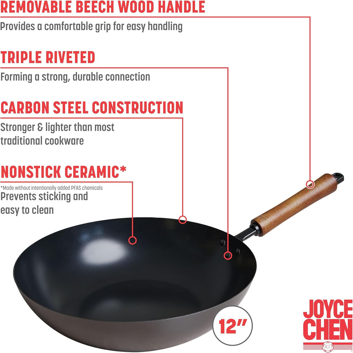 JOYCE CHEN Classic Series 12-Inch Ceramic Nonstick Carbon Steel Stir Fry Pan