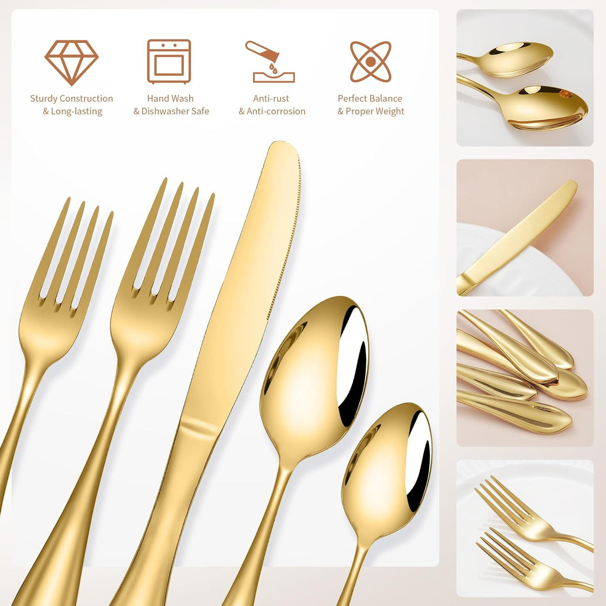 Gold Silverware Set for 8, 40-Pieces Heavy Duty Silverware, 18/10 Stainless Steel Flatware, Dishwasher Safe, Ideal for Gift