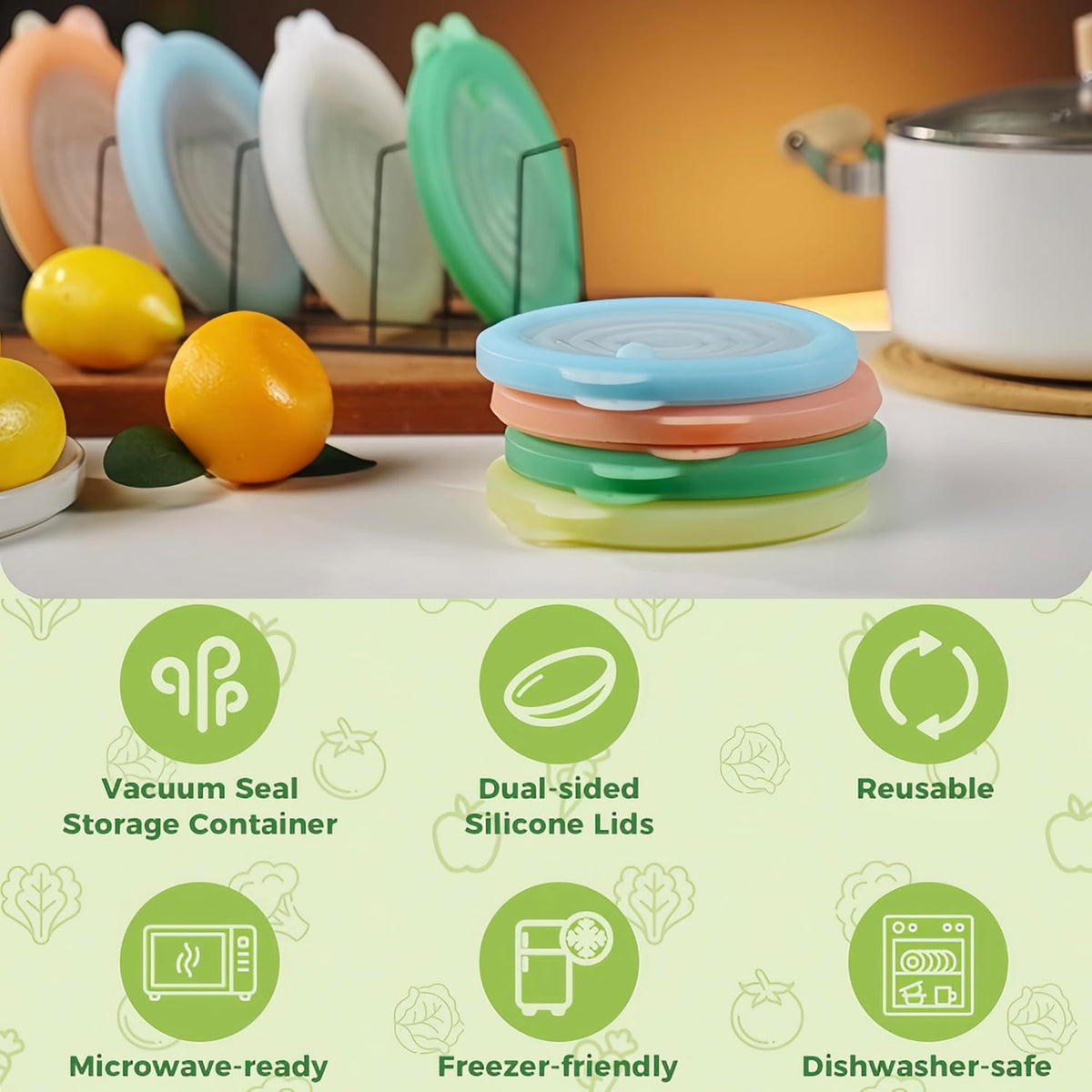 Silicone Reusable Vacuum-Seal Storage Containers for Fridge,Fresh Fruit,Vegetables,Garlic,Onions,Lemons,Potatoes,Meat,for Microwave Oven Heating,Freezer,Dishwasher,Avocado Saver,Tomato Holder,5 Pack
