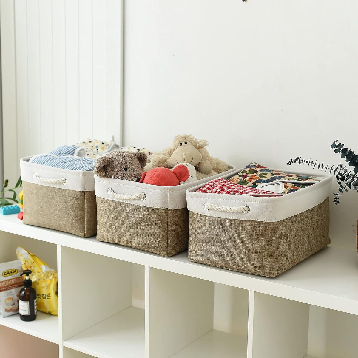 TheWarmHome Storage Basket for Organizing- 15.7x11.8x8.2 inch 1 Pack Fabric Storage Cubes for Shelves Organizer Book Gift Laundry Box Cloth Toy (Whiet & Khaki)