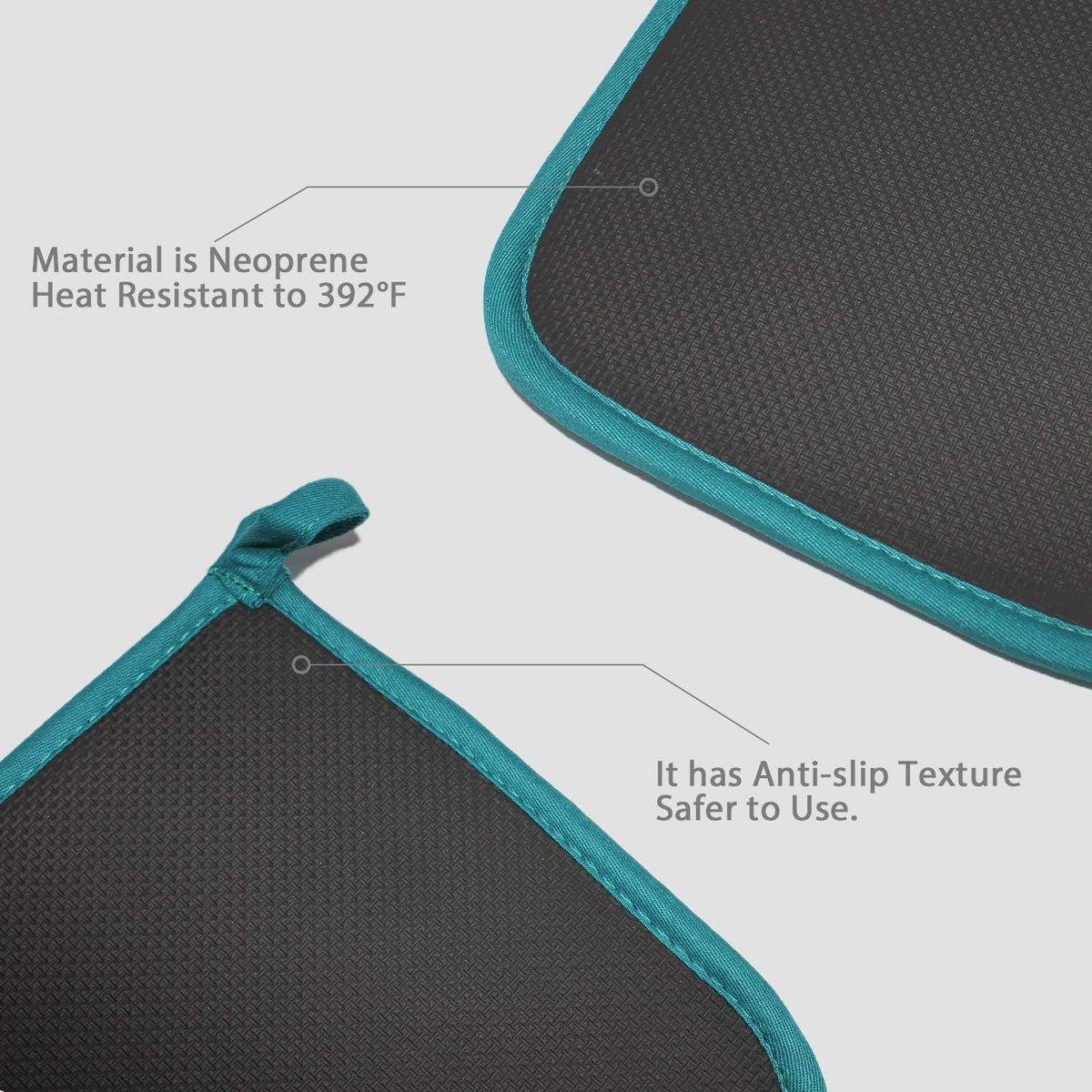 Cotton and Neoprene Oven Pads Pot Holders with Pocket 8"x8.5" Dual-Function Hot Pad Set for Finger Hand Wrist Protection Heat Resistant to 428°F Teal