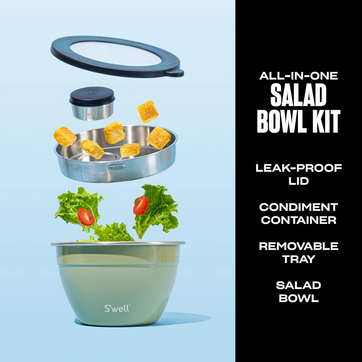 S'well Stainless Steel Salad Bowl Kit 64oz, Mountain Sage, Comes with 2oz Mini Canister and Removable Tray for Organization, Leakproof, Easy to Clean, Dishwasher Safe