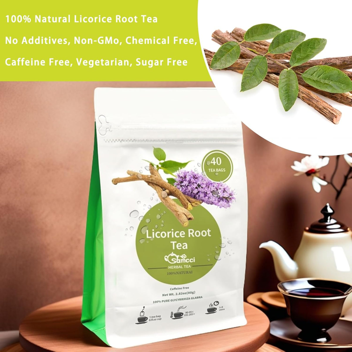 Samcci - Licorice Root Tea, Premium 40 Licorice Root Tea Bags -Natural Sweet - Non-GMO - Naturally Caffeine-free - Soothes Digestion & Promote Respiratory Health