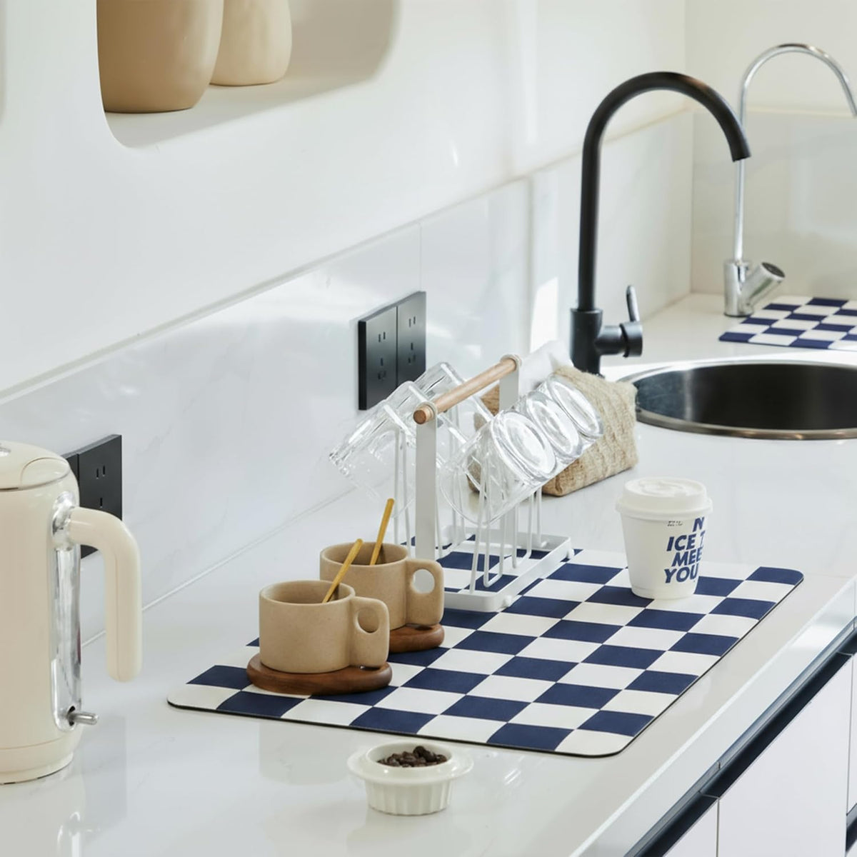 Checkered Dish Drying Mat for Kitchen Counter, Coffee Bar Station Accessories, Retro Cute Aesthetic Modern Absorbent Drainer Mat Kitchen Drying Mat Easy Clean (Navy Blue, 24" x 16")