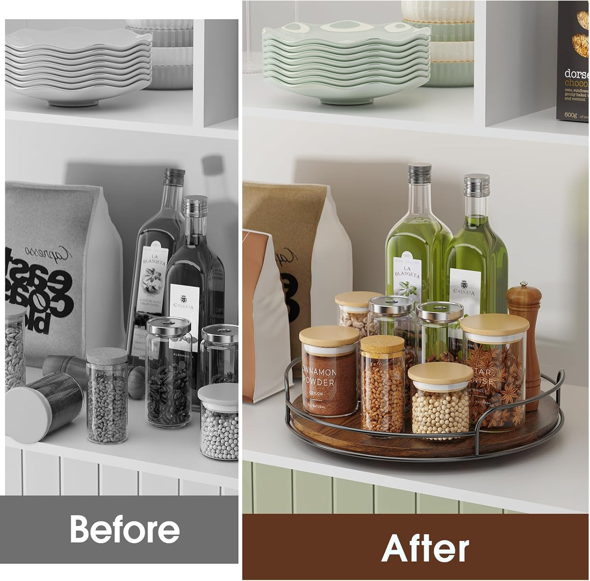 LAMU 2 Pack 9'' 10'' Lazy Susan Turntable Organizer for Table Top Cabinet, Wooden Lazy Susan for Kitchen, Pantry, Countertop, Bathroom Vanity, Spice Organization, Wood Decor