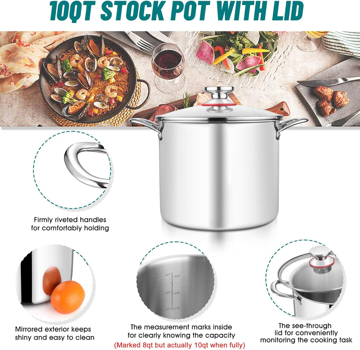 TeamFar 10 Quart Stock Pot, Stainless Steel Tri-ply Large Stockpot Pasta Soup Cooking Pot with Glass Lid, for Induction Gas Ceramic Electric, Nontoxic & Heavy Duty, Ergonomic Handles & Dishwasher Safe