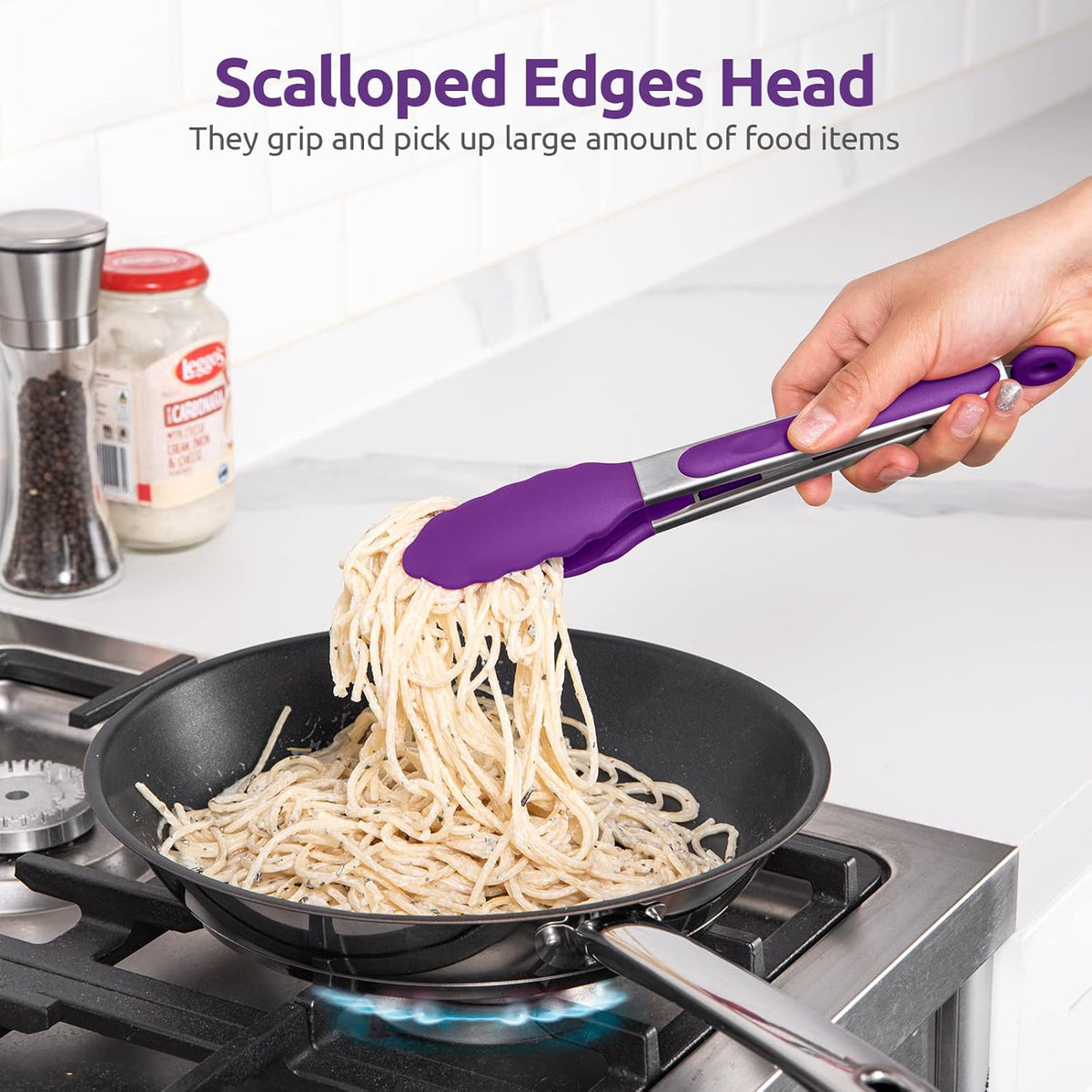 Heat Resistant Silicone Kitchen Tong: U-Taste 9 inch 480ºF Hot Proof Cooking Tong with Firm Sealed Non Stick Rubber Tips & Silicon Coated Steel Handle & Smooth Locking for Serving Grill Salad (Purple)