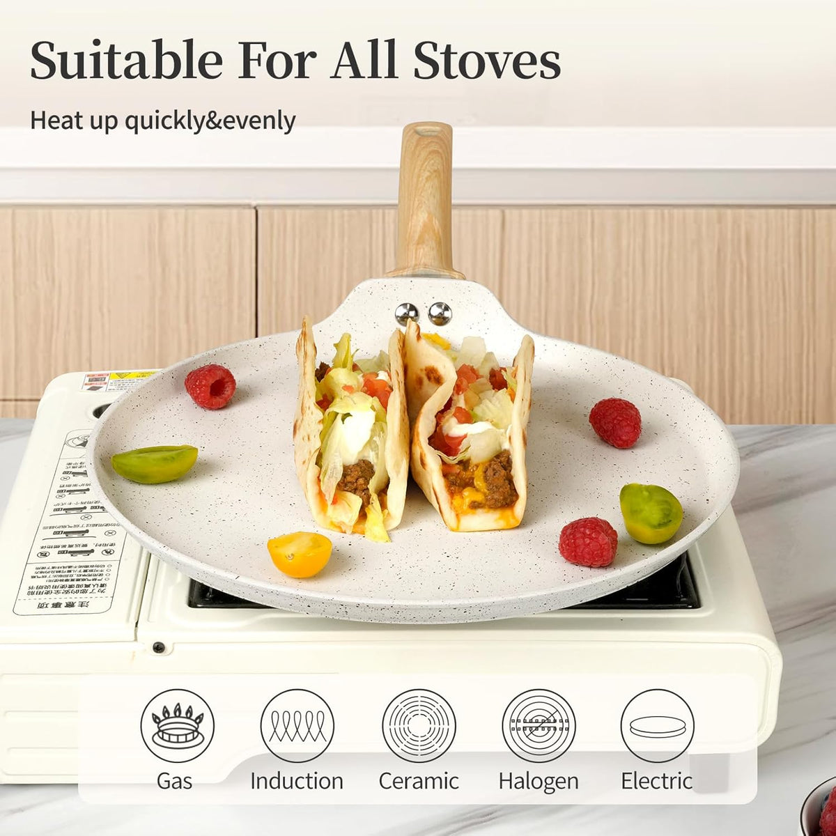 Nonstick Crepe Pan, Granite Coating Flat Skillet Dosa Tawa Tortilla Pan, 10 inch White Pancake Griddle Roti Pan With Stay-Cool Handle, Induction Compatible, PFOA Free