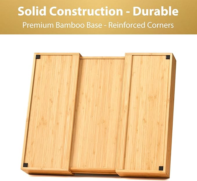 Umilife Expandable Kitchen Drawer Organizer, 2.5" High Bamboo Utensils Silverware Tray, Adjustable Large Deep Wood Organization Holder