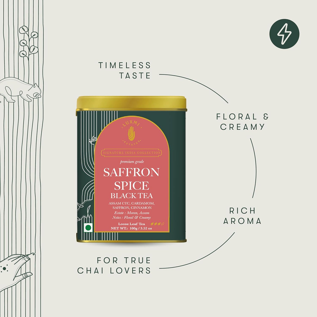 Luxmi Estates Saffron Chai | 100 gm | Signature India collection | Assam CTC Tea | Black tea collection | Saffron chai Organic Strong tea | Antioxidants | Assam Valley tea | Kashmiri Saffron, Cinnamon, Natural Cardamom Extract