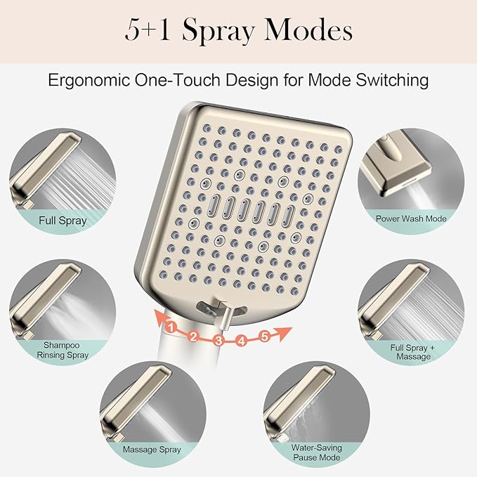 Filtered Shower Head with Handheld Brushed Nickel - High Pressure 6 Modes, 120 Anti-clog Nozzles, Detachable Showerhead with Hard Water Filters, Extra Long 6ft Hose, Power Wash Mode