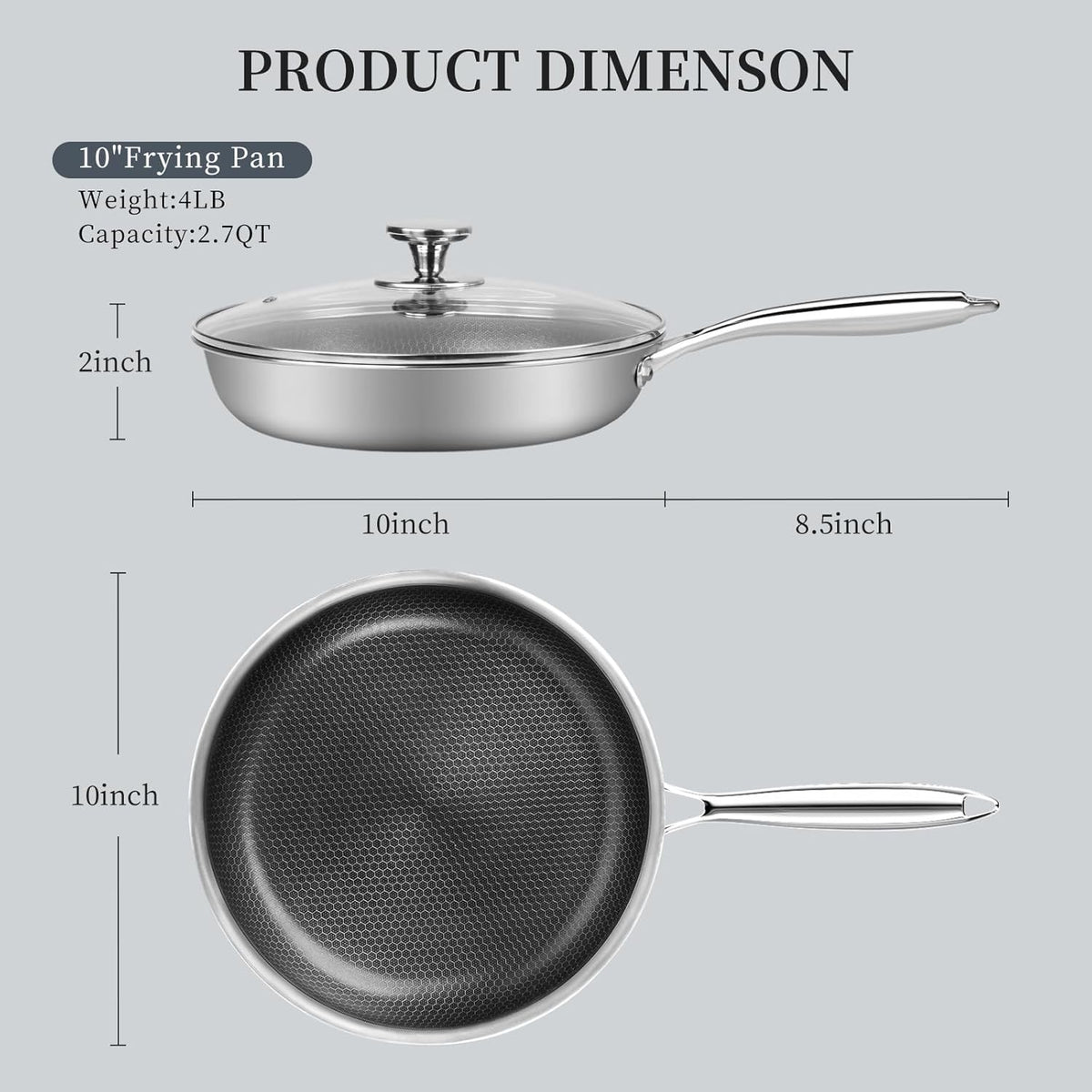 Stainless Steel Frying Pan Nonstick Frying Pan with Lid 10 Inch Honeycomb Stainless Steel Skillet Woks Pan for Gas Electric Induction Ceramic Stoves and Oven