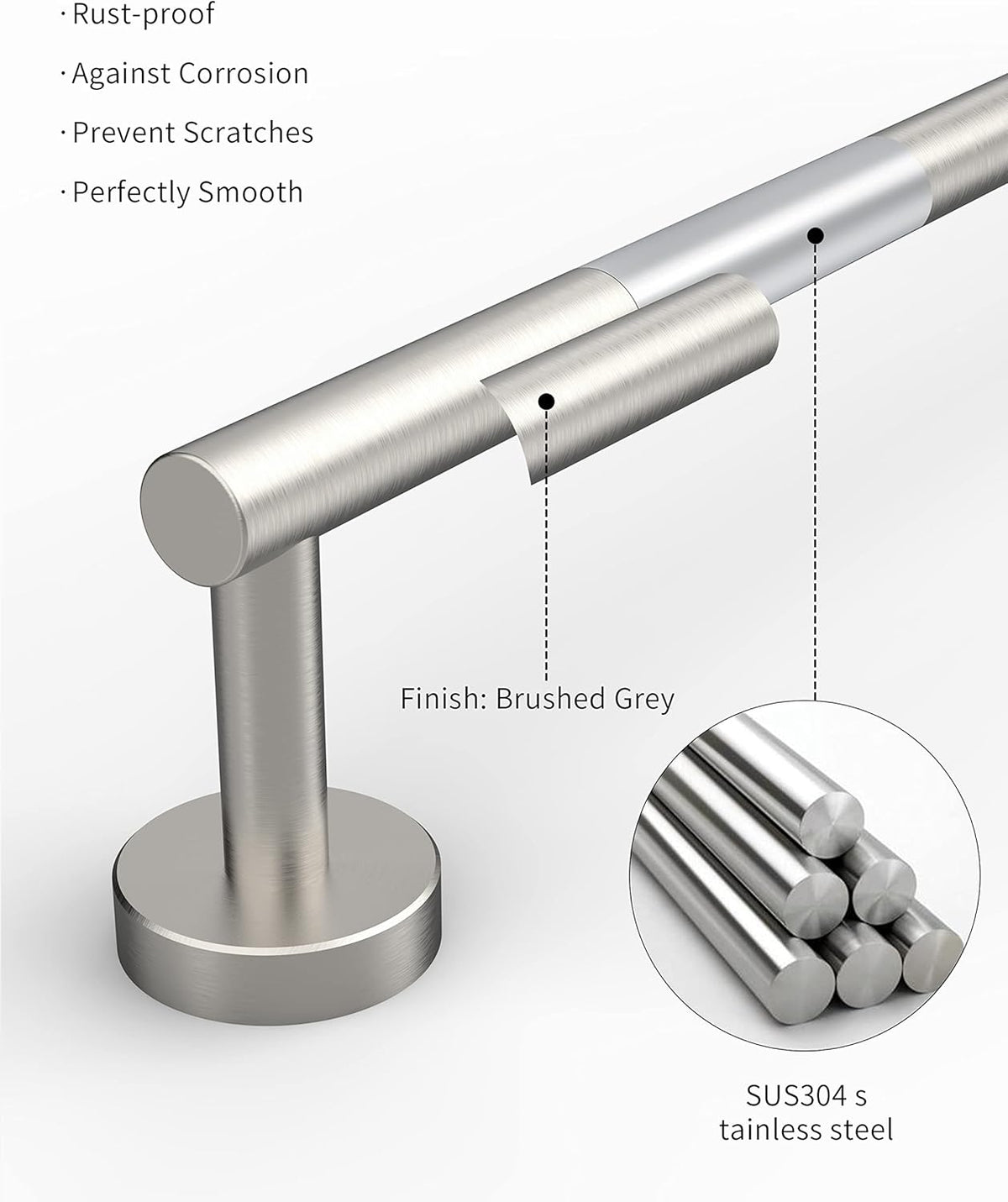 18 Inches Brushed Grey Towel Bar for Bathroom Kitchen Hand Towel Holder Dish Cloths Hanger SUS304 Stainless Steel RUSTPROOF Wall Mount (Brushed Grey 18-inch Center to Center)