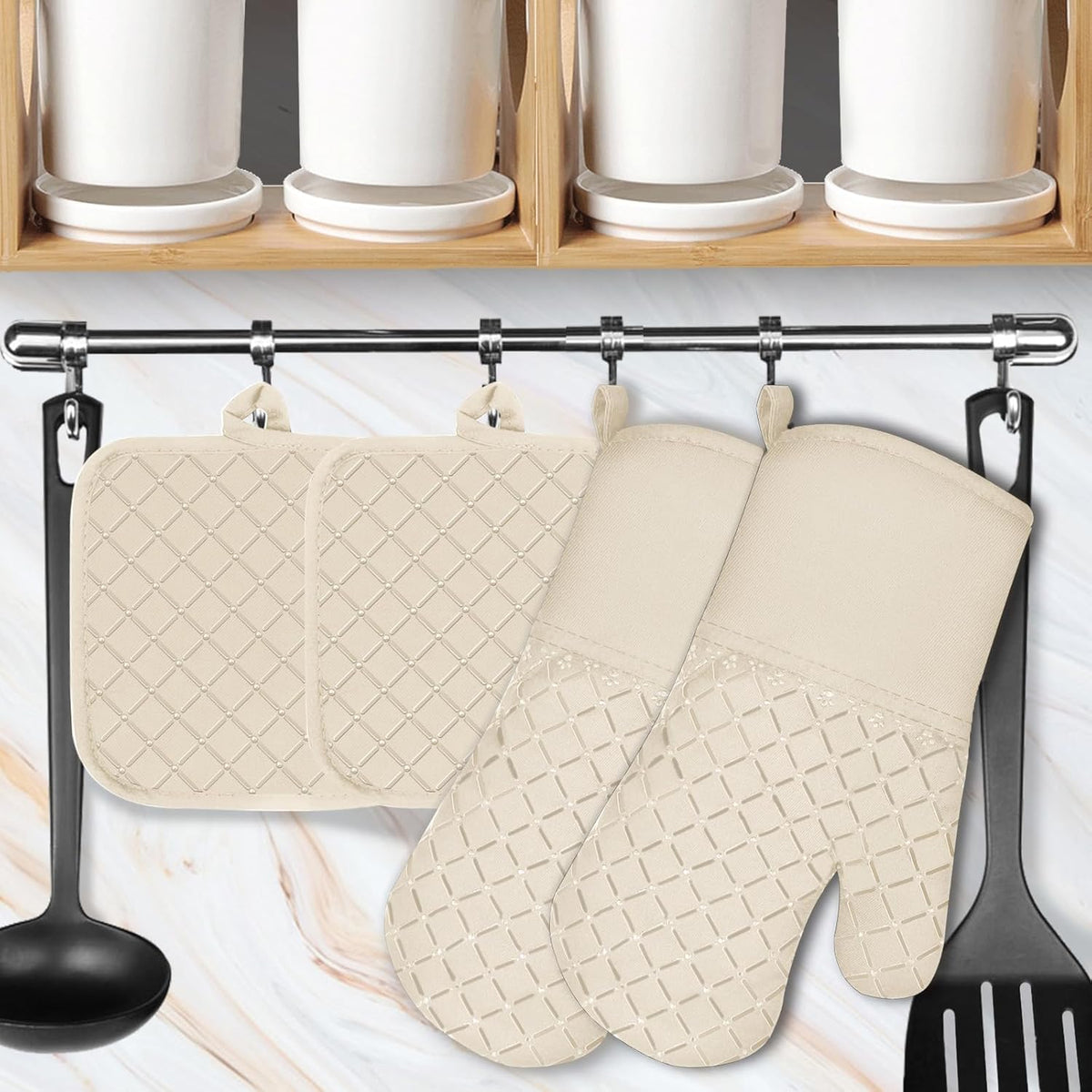 4PCS Oven Mitts and Pot Holders Sets 500°F Pot Holders for Kitchen Heat Resistant Oven Gloves Anti-Slip Silicone Stripe Oven Mitts Heat Resistant Hot Pads Oven Mits Potholders for Kitchens (Khaki)