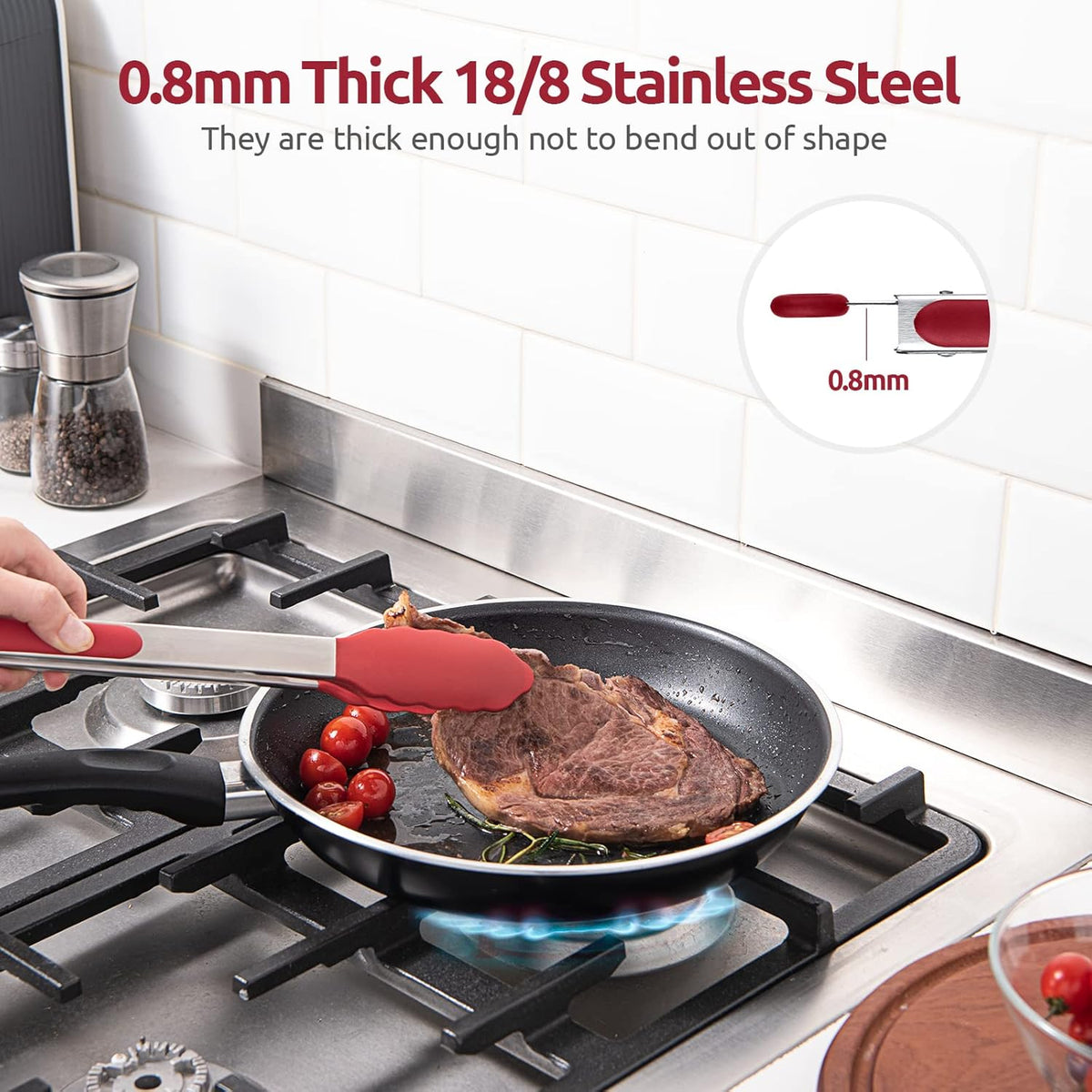 600ºF Heat Resistant Kitchen Tongs: U-Taste 12 inch Large Silicone Cooking Tong with Sturdy Non Stick Rubber Tips & Silicon Coated 18/8 Stainless Steel Handle & Smooth Locking for Serving Grill (Red)