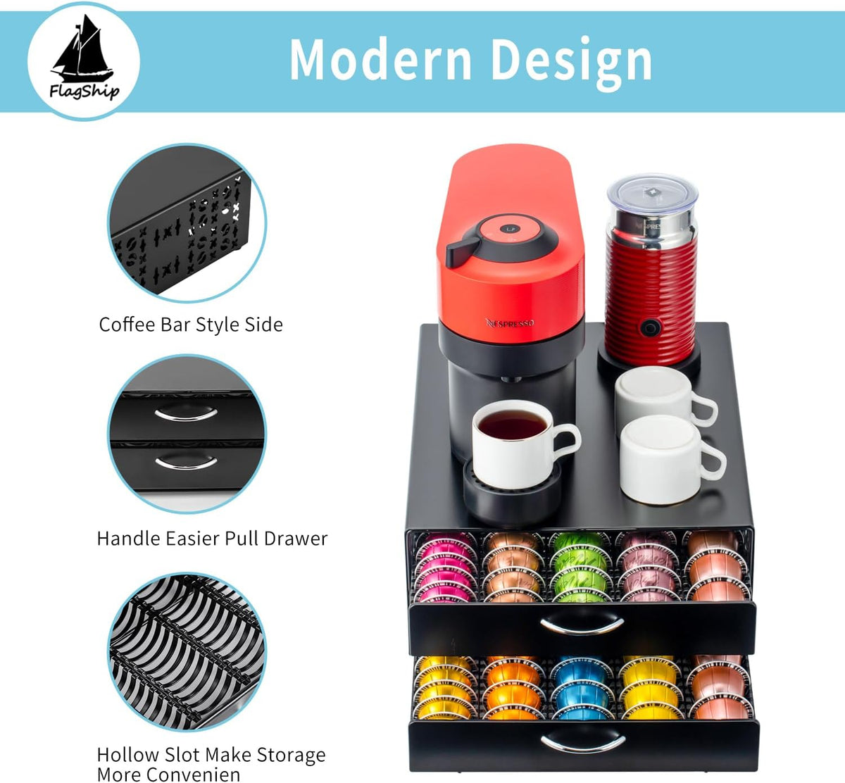 Flagship Vertuo Pod Holder Coffee Storage for Nespresso Organizer - Large Capacity 2 Tier Drawer Fits All Size Vertuo Pods