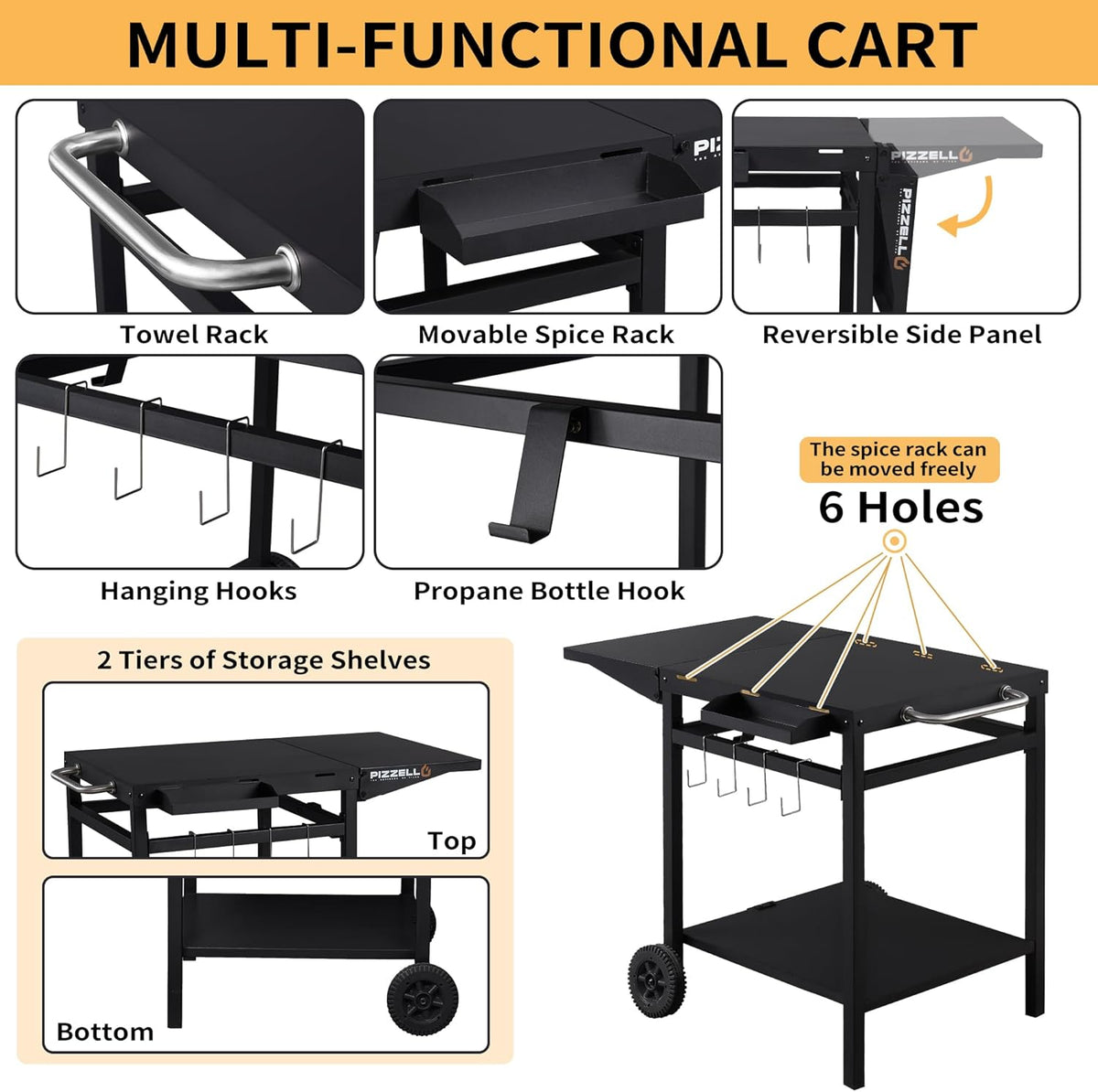Garden Cart 2 Layers Grill Cart for Outdoor Foldable Shelf Worktable Outside Kitchen Pizza Oven Stand Trolley with Handle, Wheels, and Hooks
