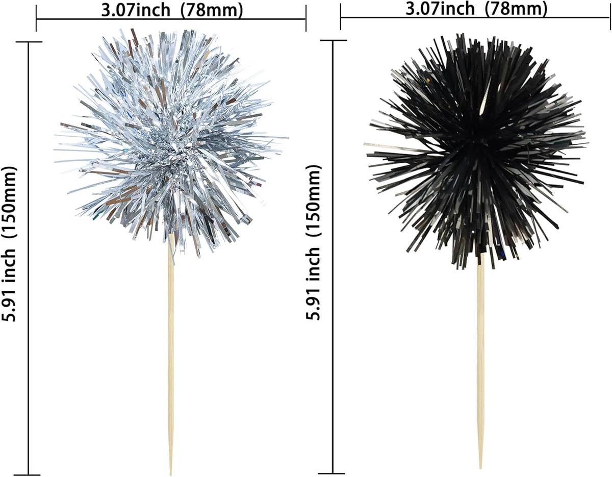 Ephlyn 30Pcs Foil Firework Cupcake Toppers Sparkles Fireworks Sticks Birthday Decorations Sparkle Tinsel Cocktail Fruit Toothpick for Birthday Wedding Graduation Party Cake Decorations Black Silver
