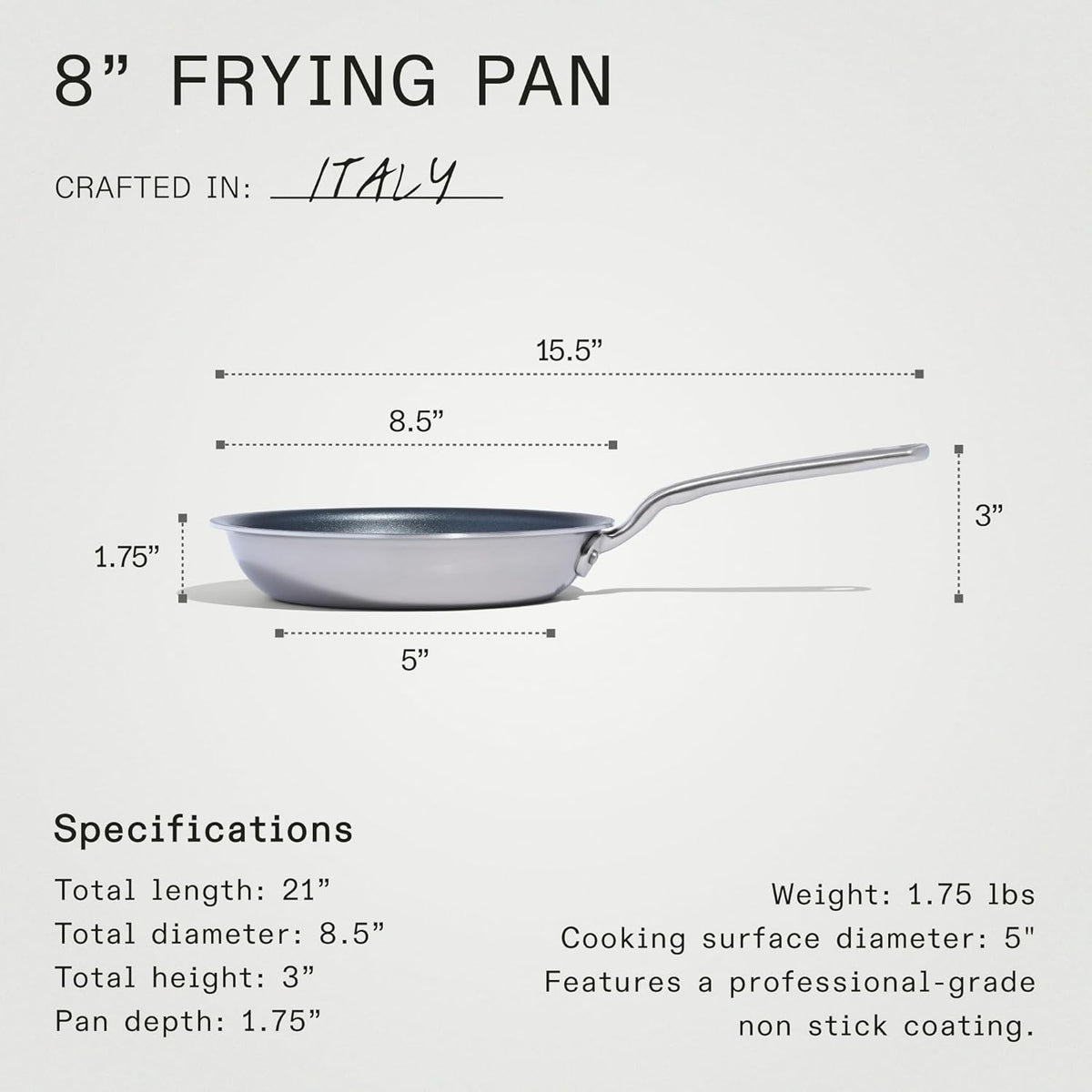 Made In Cookware - ProCoat 8" Non Stick Frying Pan (Graphite) - 5 Ply Stainless Clad Nonstick - Professional Cookware - Crafted in Italy - Induction Compatible