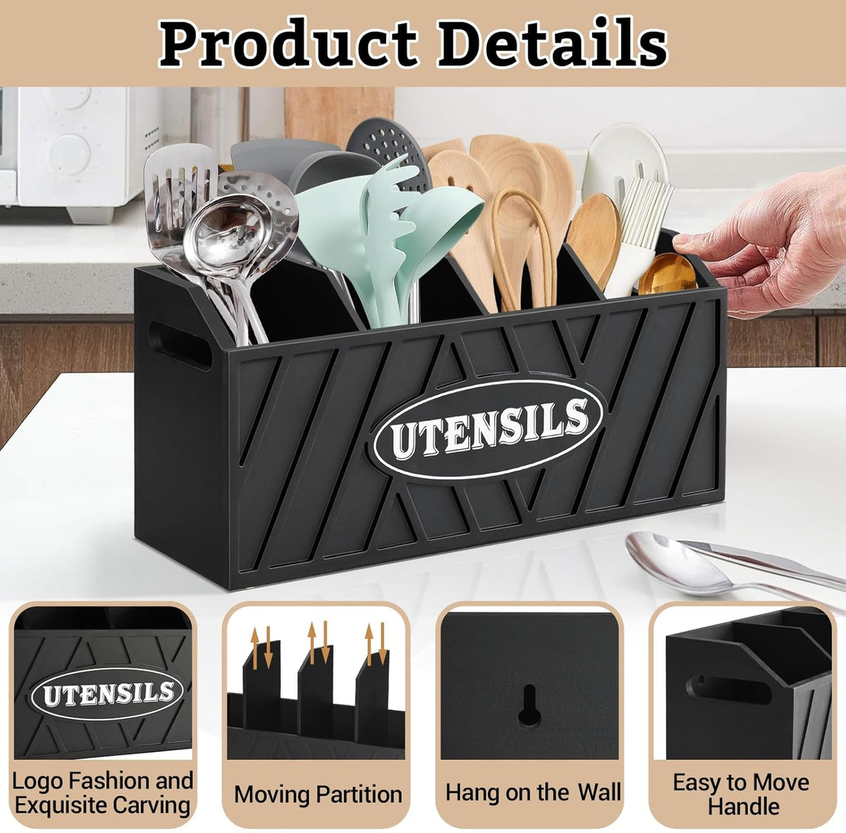 Large Wooden Utensil Holder, Black, 4 Compartments, Countertop or Wall Mount, Kitchen Gadget Organizer