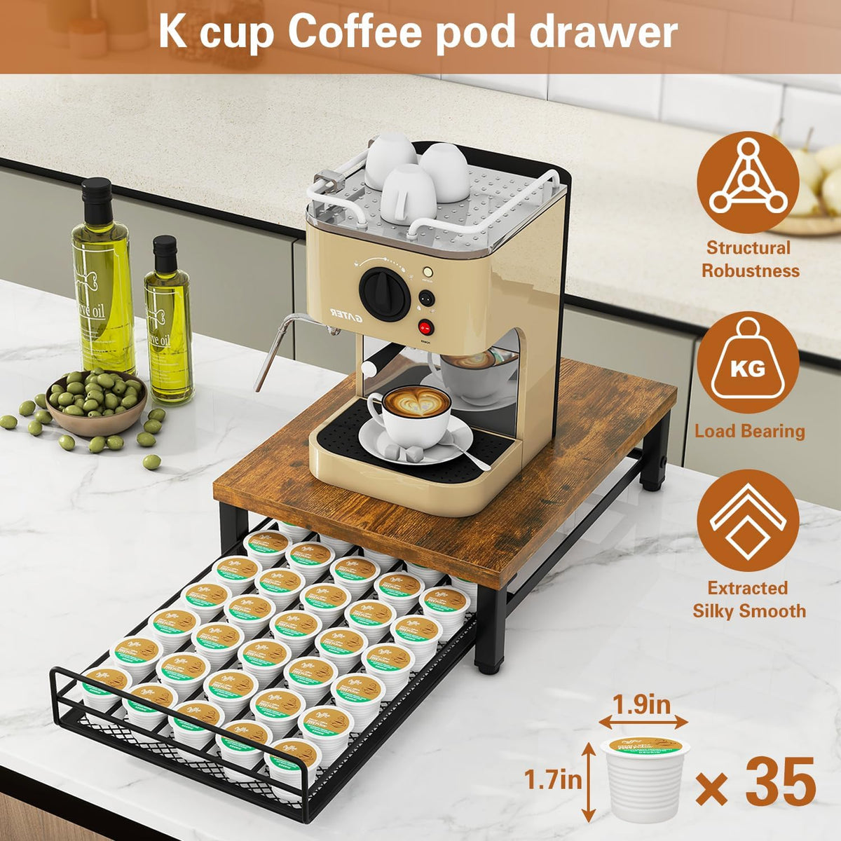 IBUYKE Wooden Coffee Pod Holder for K-Cup, 35 Capacity Capsule Pods Storage,Mullti Coffee Pod Drawer,Home Kitchen Counter Coffee Bar Station Organizer,Brown TCJ001H
